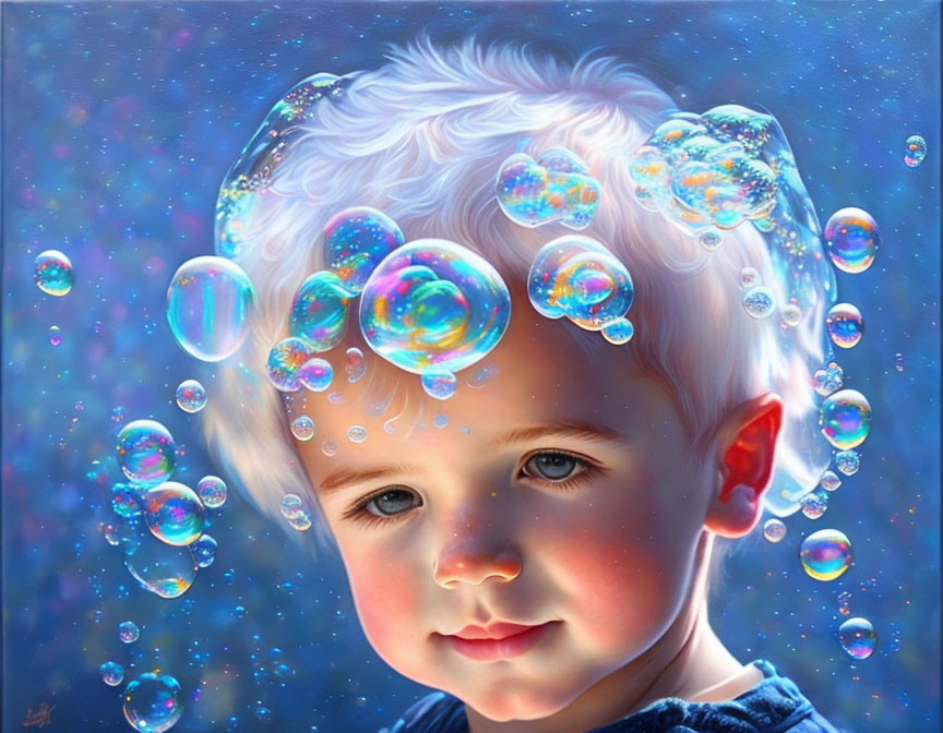 Curly-Haired Child Surrounded by Soap Bubbles in Sunlight