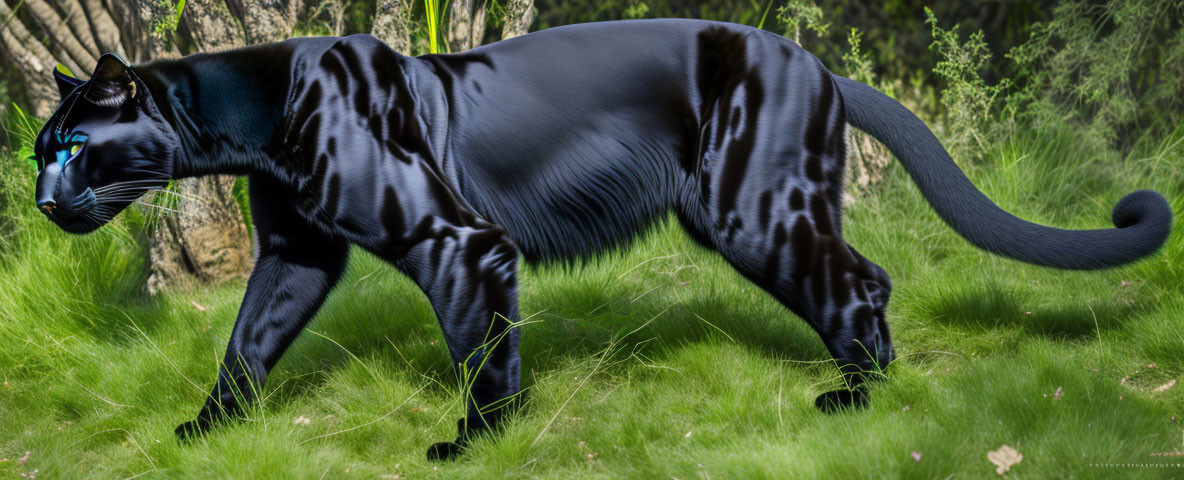 Black Panther with Blue Eyes Roaming in Green Forest