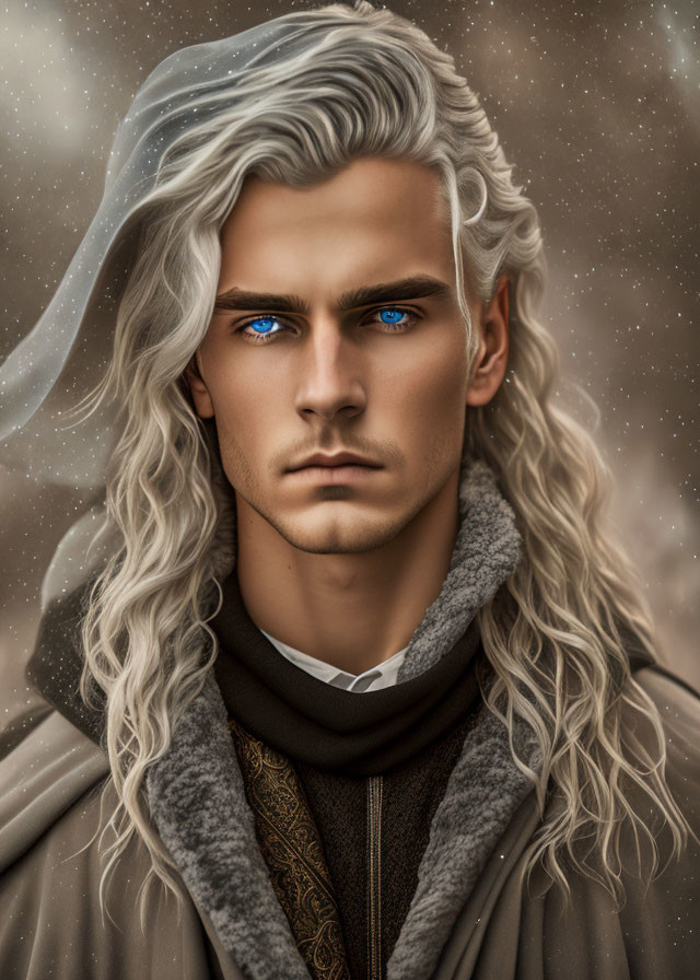 Fantasy character with blue eyes, silver hair, and earth-toned attire