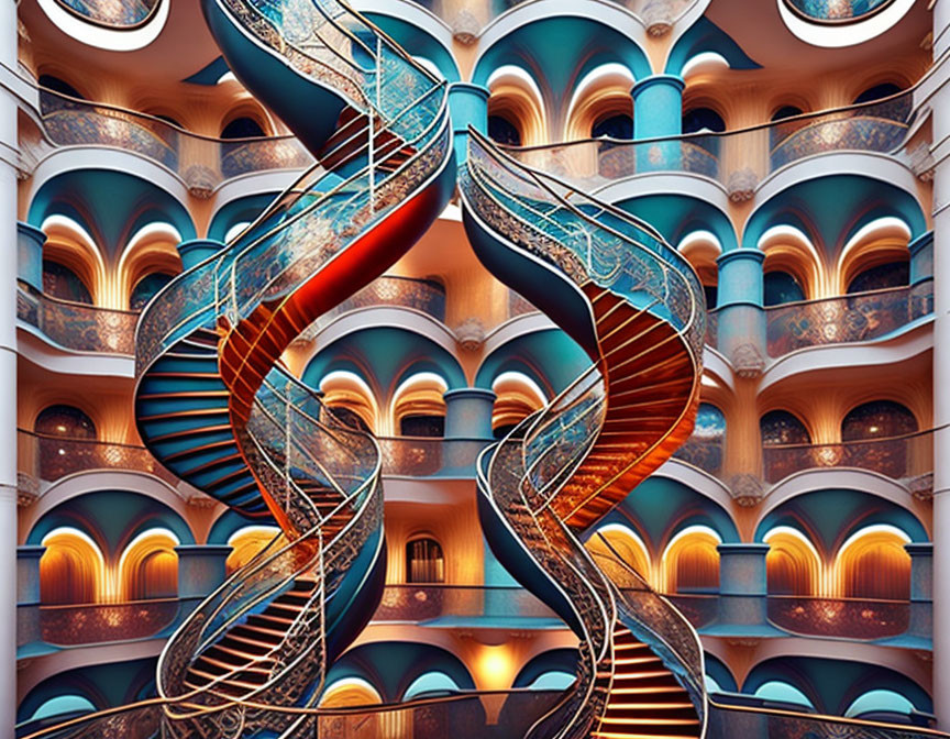 Symmetrical ornate staircase in a building with arches and warm lights