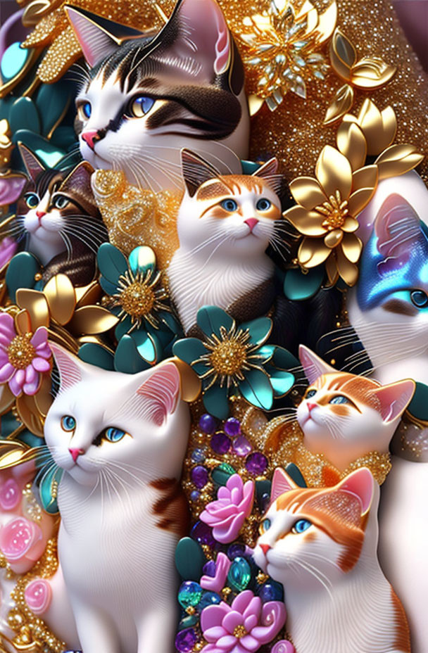 Colorful Digital Artwork: Stylized Cats with Expressive Eyes and Floral Accents