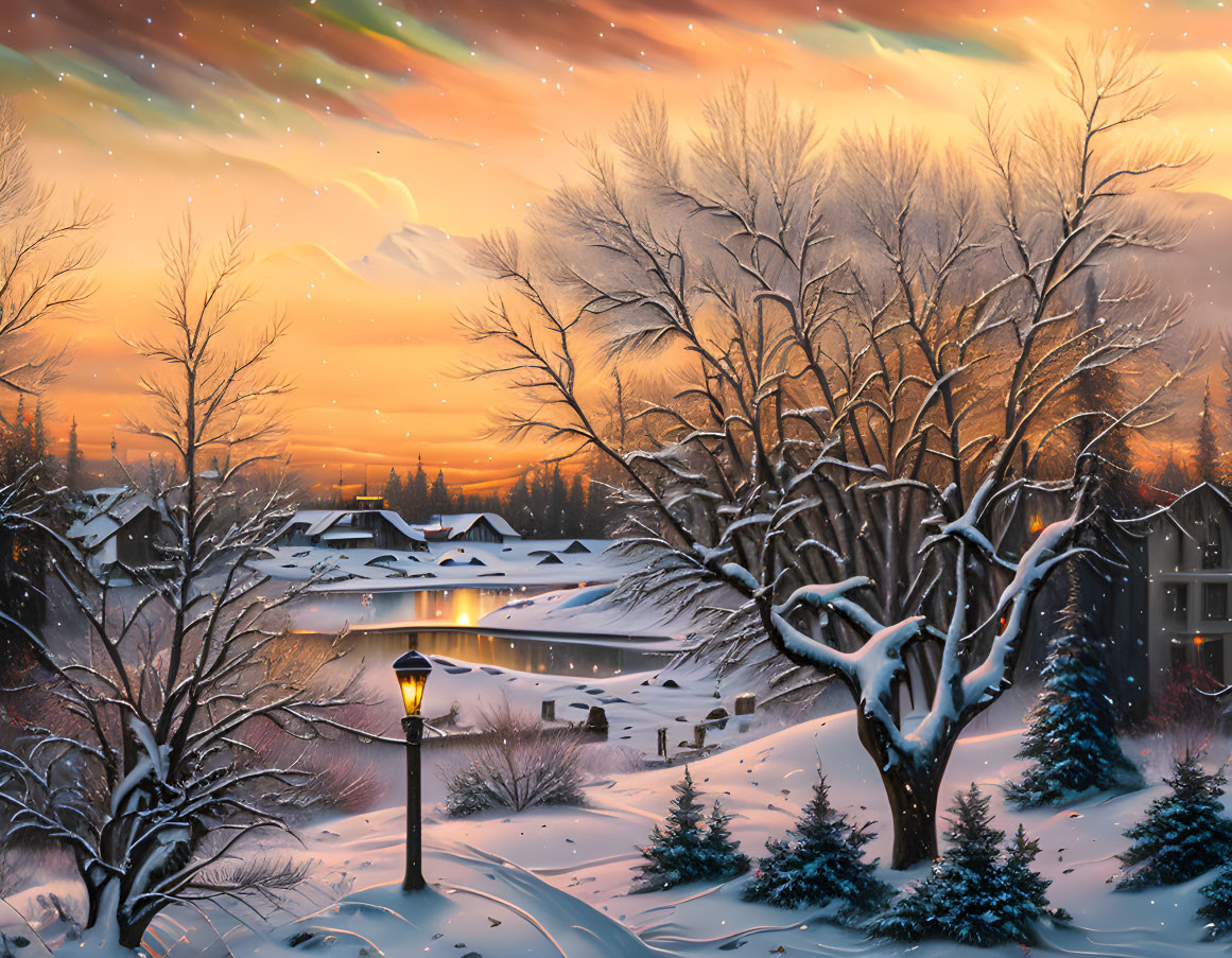 Snow-covered trees, frozen lake, lit homes, street lamp, colorful aurora - serene winter dusk