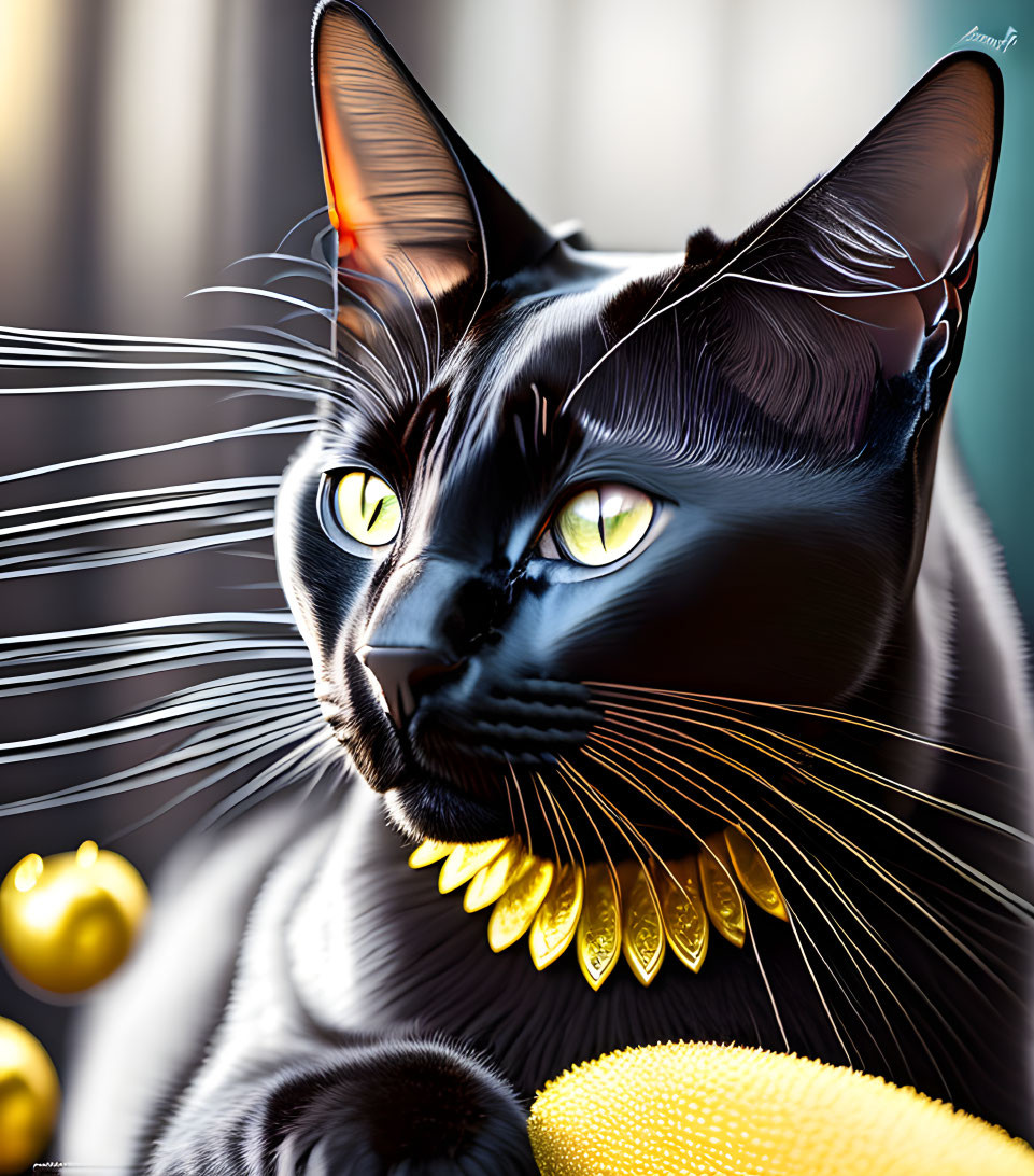 Detailed Digital Art: Black Cat with Yellow Eyes and Gold Neck Beads