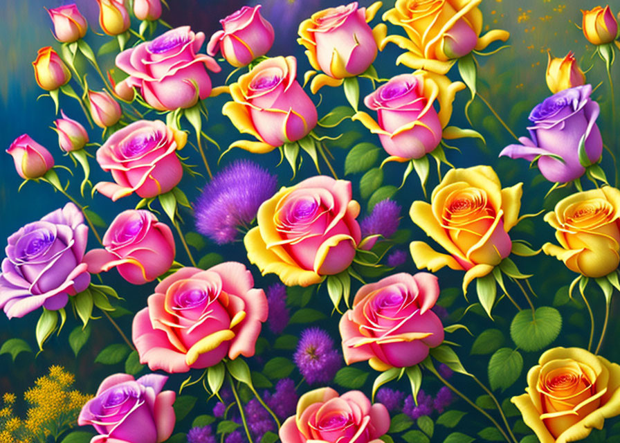 Colorful digital artwork: Pink and yellow roses with purple and yellow flowers on blue background