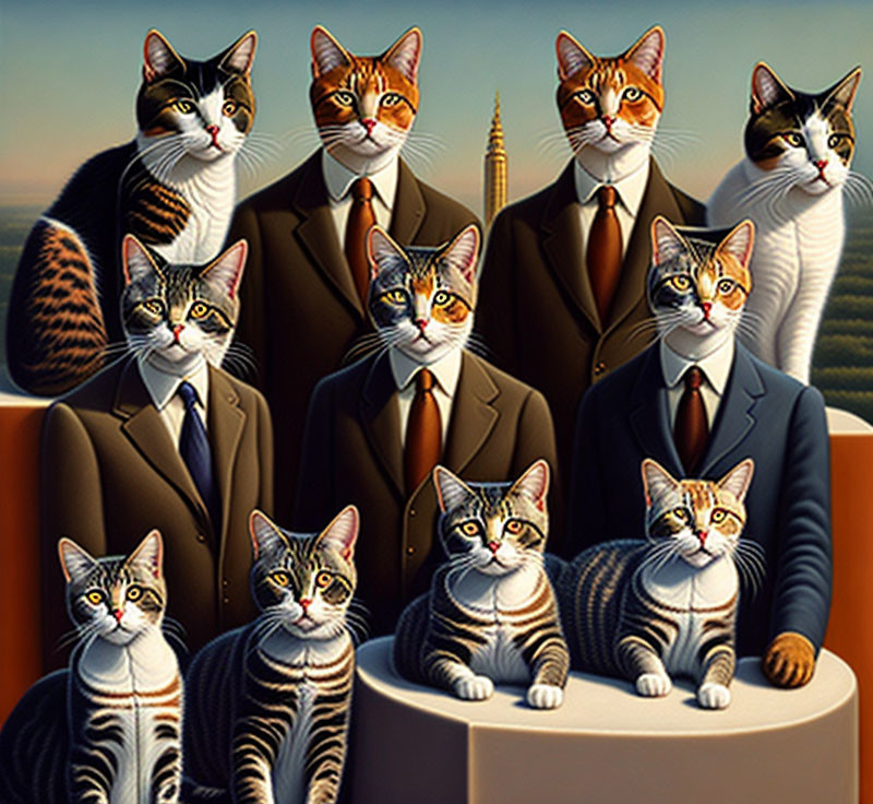 Illustration of cats with human bodies in business suits in cityscape setting