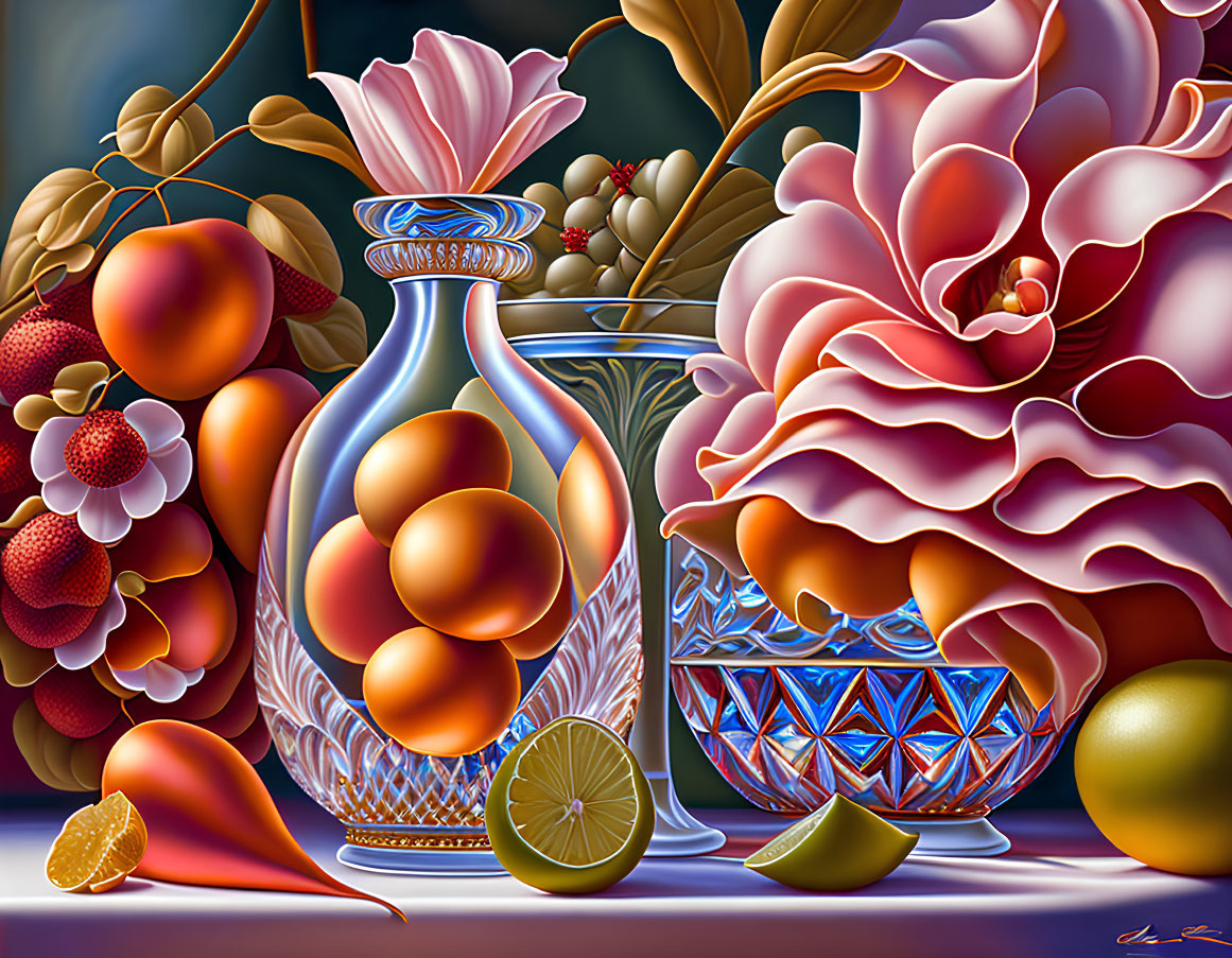 Colorful still life painting with crystal decanter, fruits, and flowers on dark background