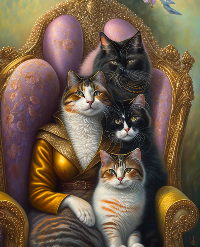 Detailed painting of four regal cats on ornate throne