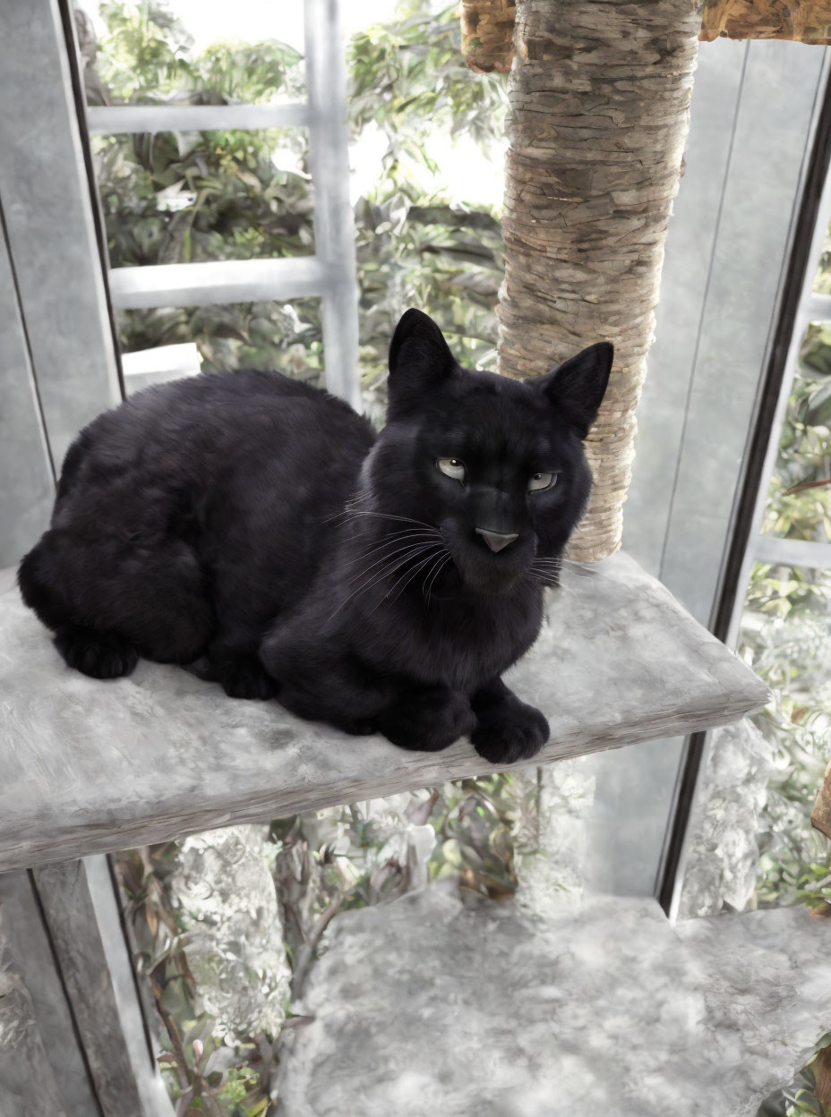 Black Cat with Striking Eyes on Grey Shelf Amid Green Foliage