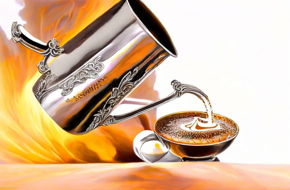 Stylized image: Coffee poured from silver pot with swirling flames