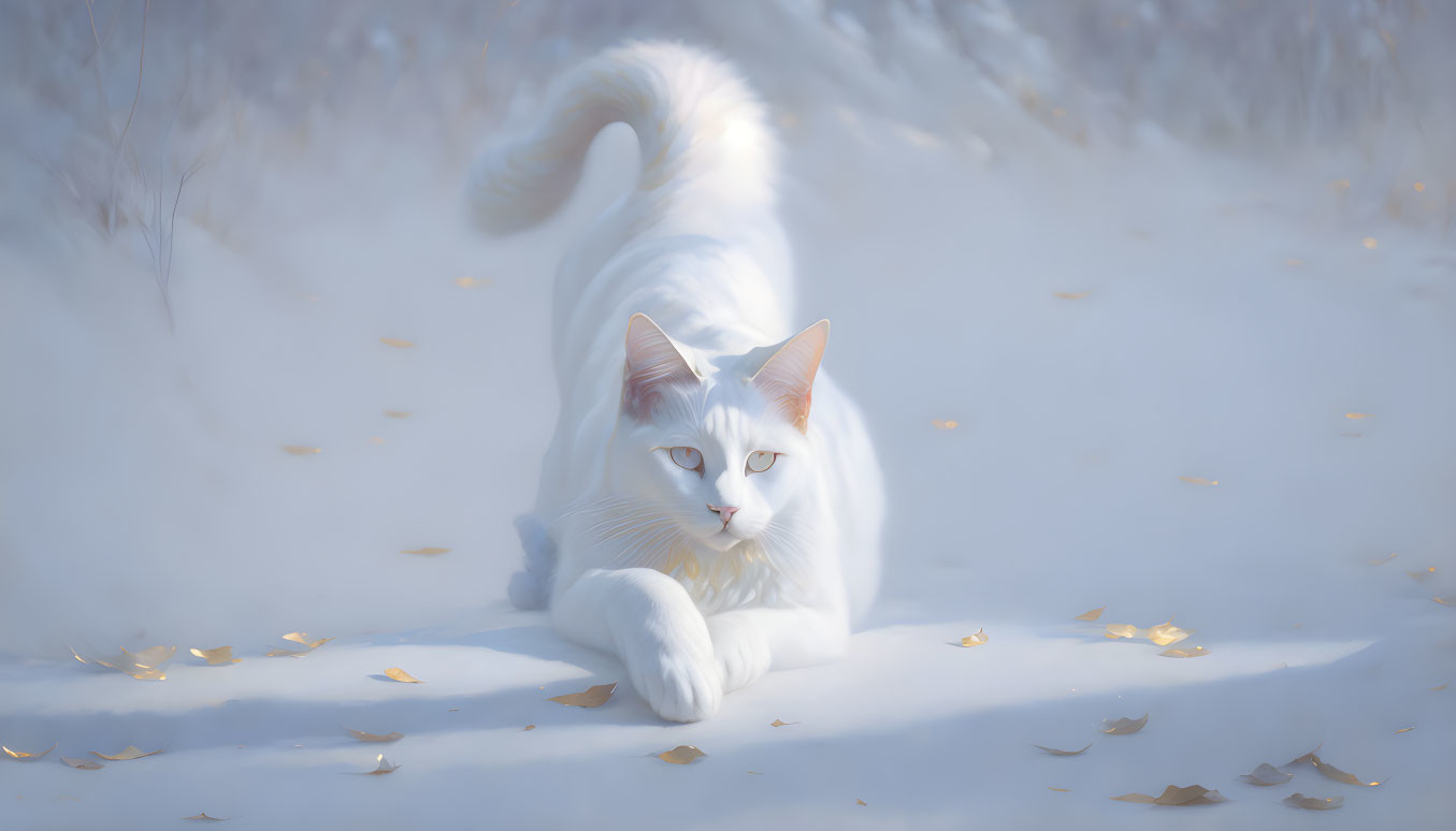 White Cat with Blue Eyes Resting on Snow Among Yellow Leaves in Soft Winter Light