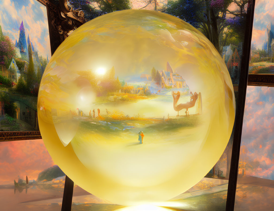 Golden Bubble Displays Serene Landscape with People and Camel