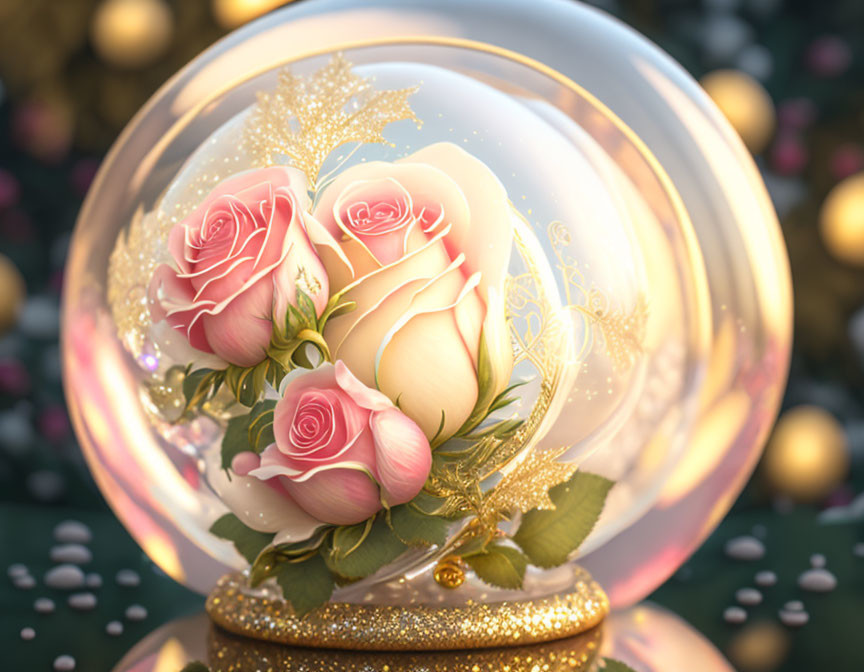 Glass dome with golden base holding three pink roses in digital image.