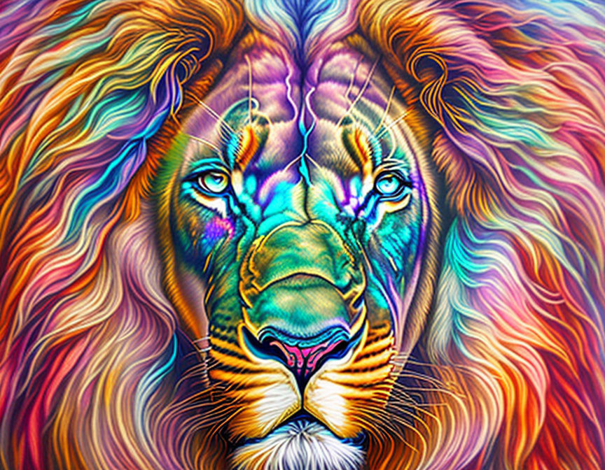 Colorful Lion Painting with Rainbow Mane and Blue Eyes