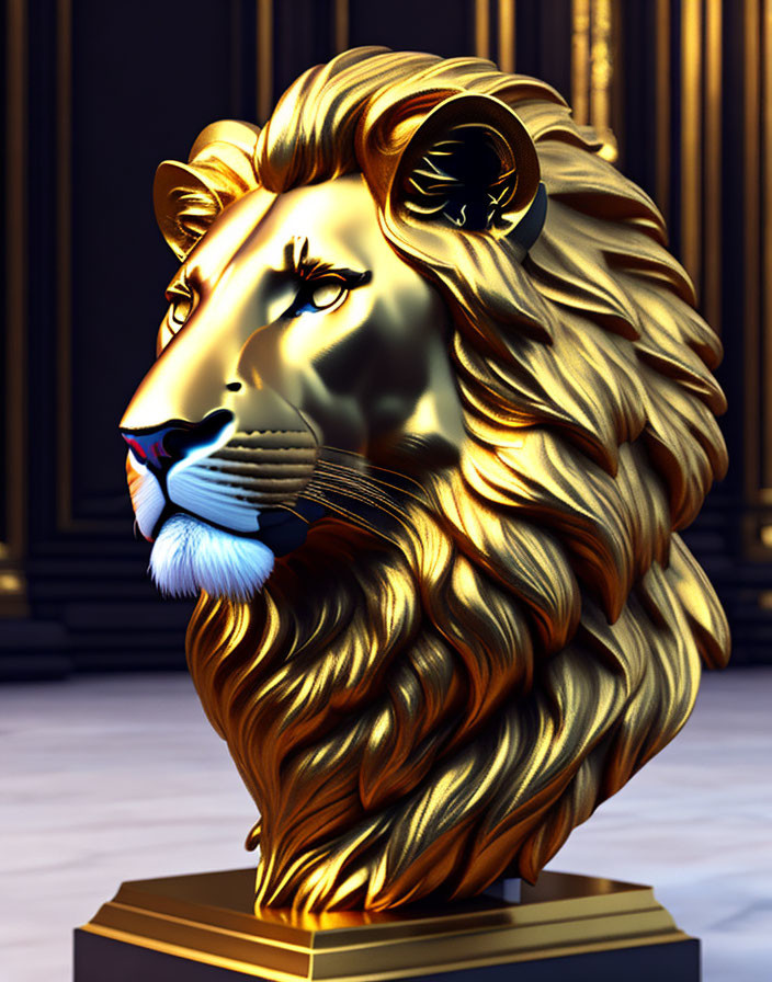 Golden lion bust with intricate mane on dark columns background