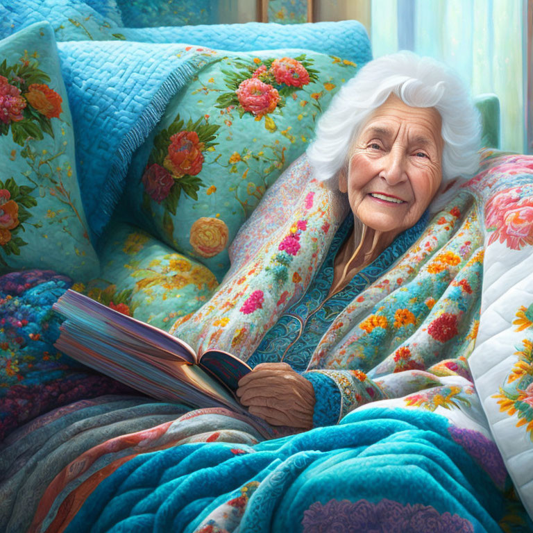 Elderly woman with white hair smiling, surrounded by colorful cushions and blankets, holding an open book