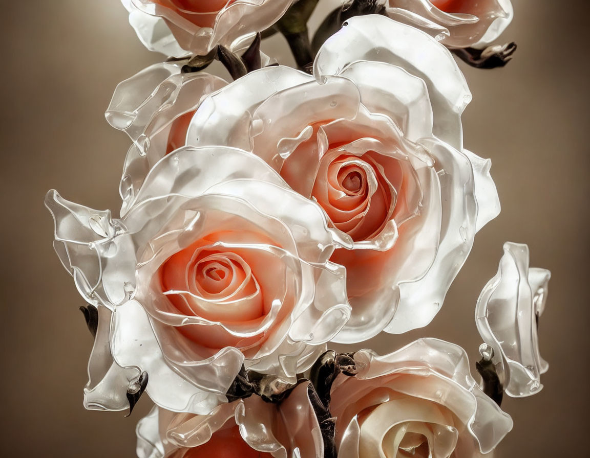 Porcelain-like roses in bloom against sepia background