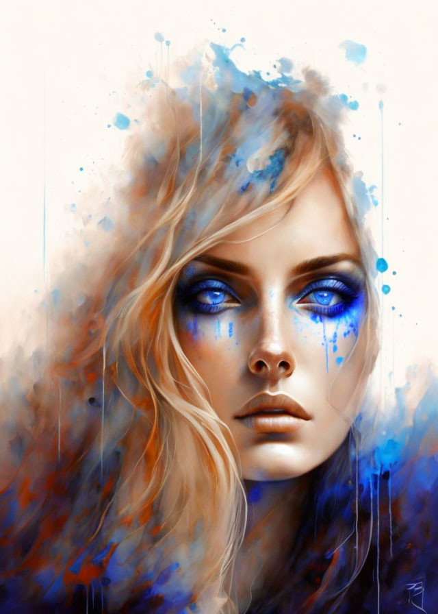 Surreal portrait of woman with striking blue eyes and artistic blue splashes.