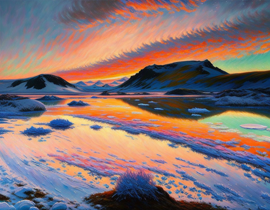 Fiery sunset landscape with orange and pink clouds over snow-capped mountains