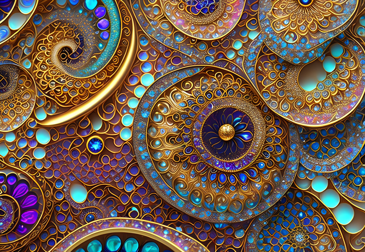 Intricate Fractal Image: Swirls, Circles, Gem-like Structures in Blue,