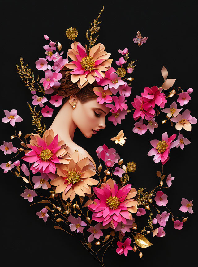 Woman surrounded by pink & gold flowers on dark background