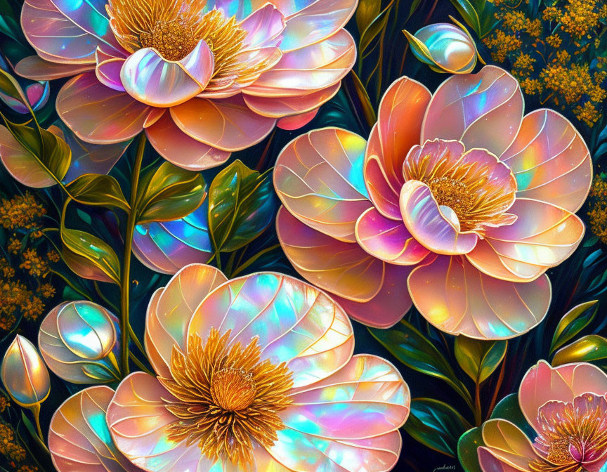 Iridescent Pink and Orange Digital Flower Art with Greenery