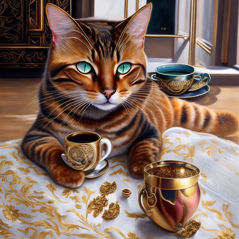 Striped cat with turquoise eyes sitting at elegant table with golden cup and book.