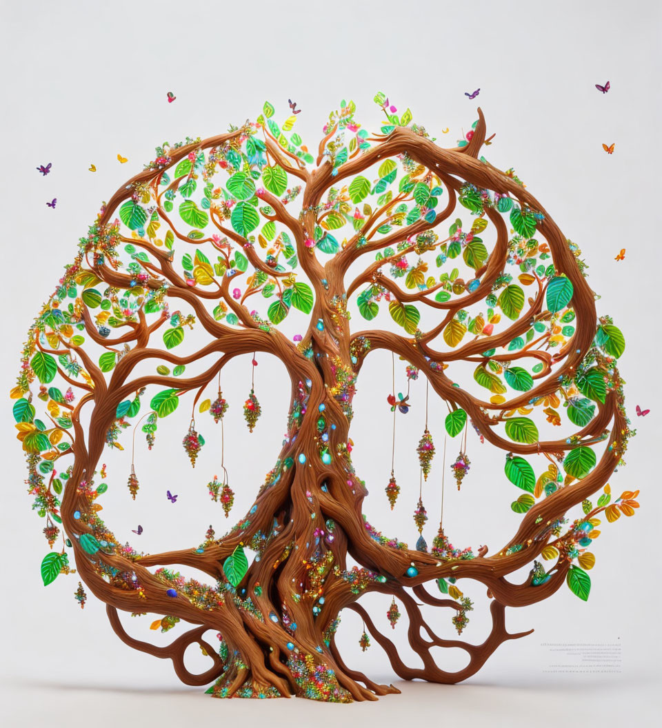 Colorful whimsical tree with butterflies and ornaments on white background