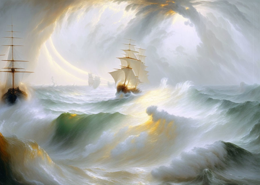 Dramatic tall ships on tumultuous seas with towering waves