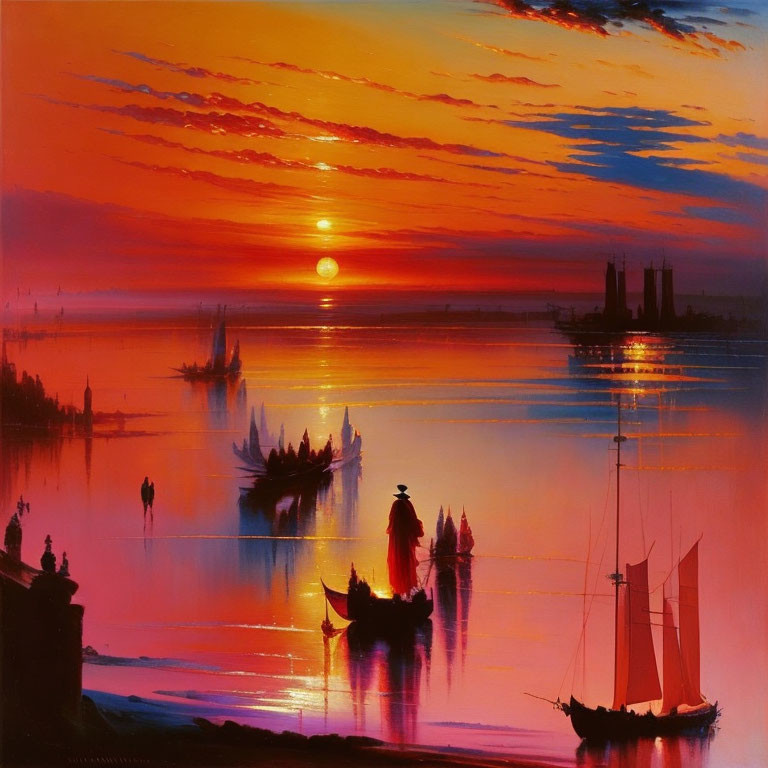 Scenic sunset over calm sea with silhouettes of people and boats