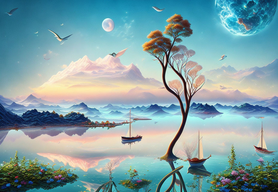 Surreal landscape with reflective water, boats, tree, birds, and floating islands under moonlit