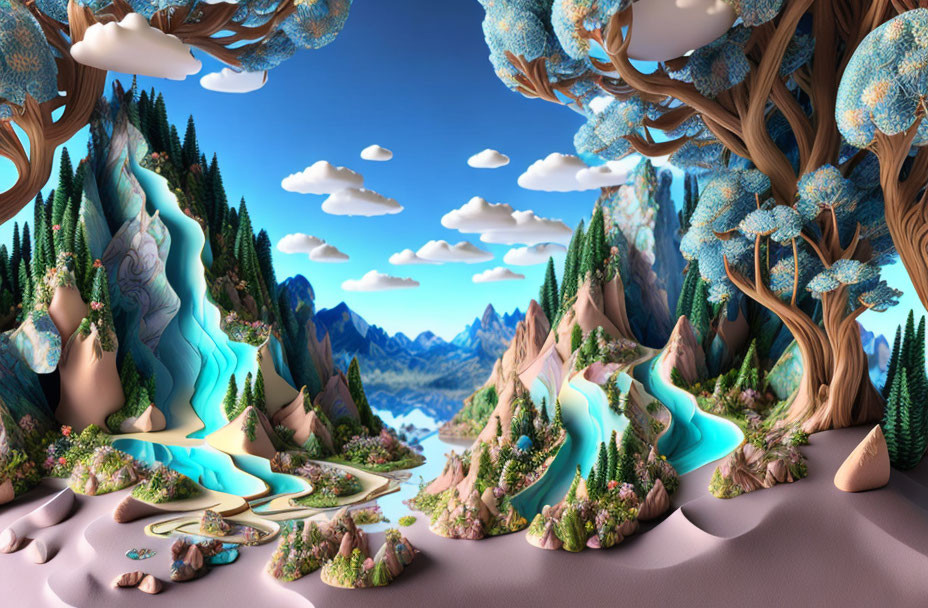 Surreal landscape: twisted trees, winding rivers, pine trees on floating islands