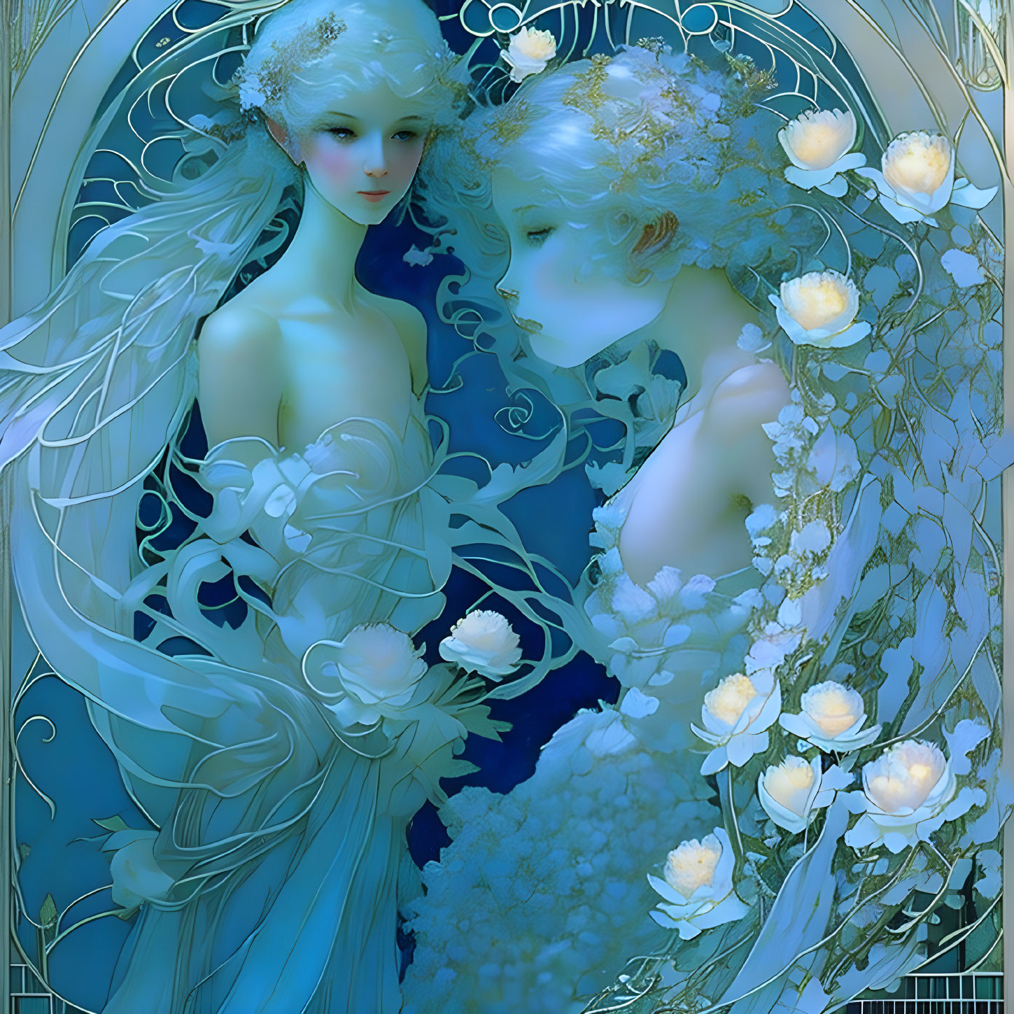 Ethereal figures in cool blue palette with intricate floral designs