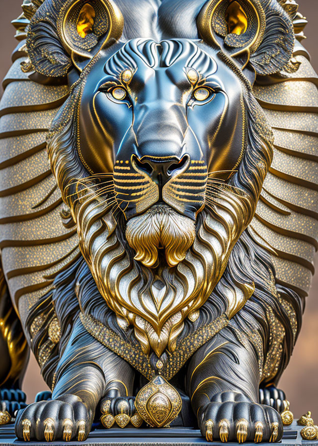 Detailed Ornate Lion Statue with Blue and Gold Accents