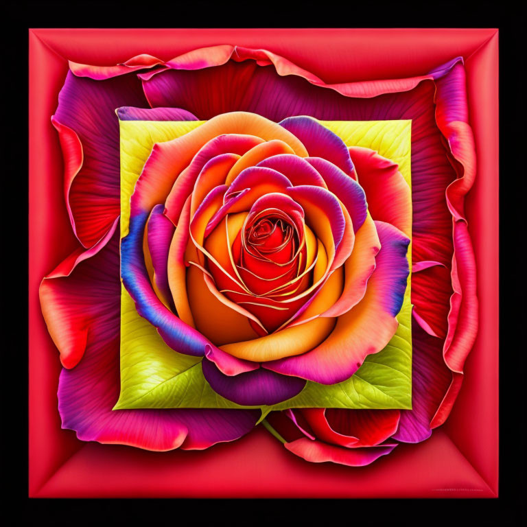 Multicolored Rose in Square Spiral Pattern on Red Background