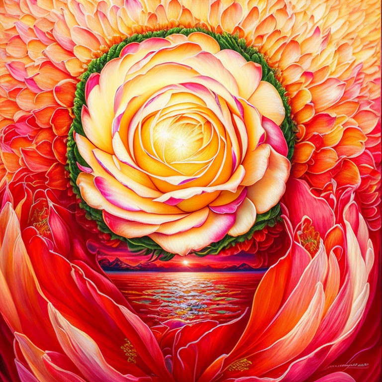 Detailed Painting of Vibrant Flower with Yellow-Pink Petals Transitions to Rich Reds