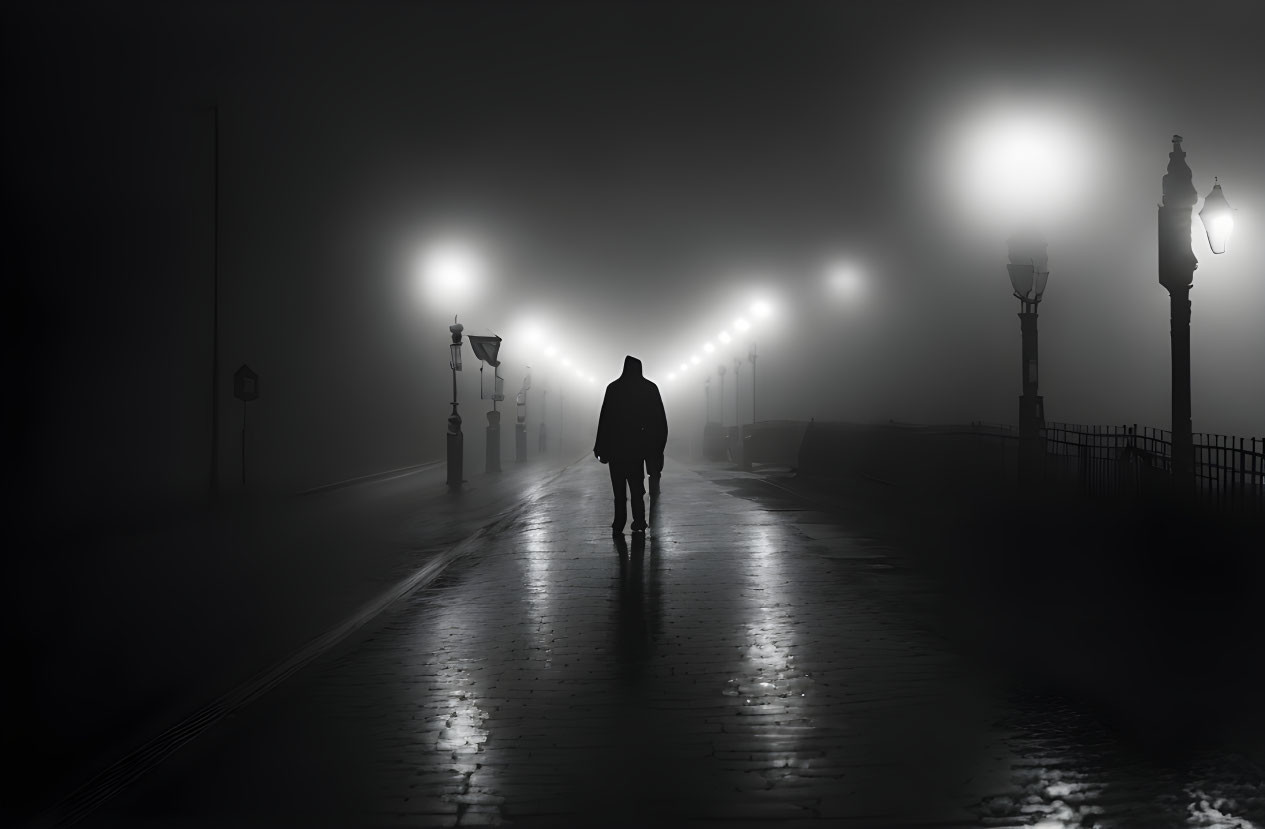 Person walking on foggy, wet street with glowing street lamps