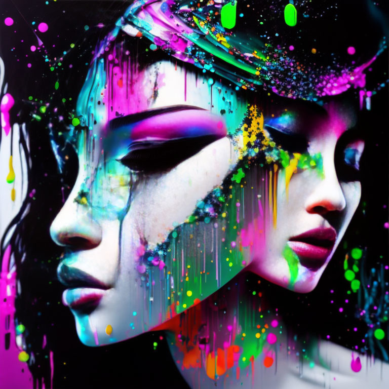 Vibrant digital artwork: Woman's face with colorful paint drips