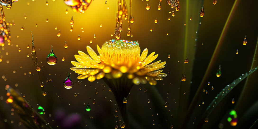 Yellow flower with dewdrops creating bokeh effect on blurred background