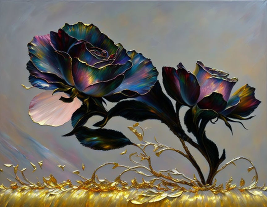 Vibrant metallic-tinged rose painting with blue and black hues and gold accents on blurred background