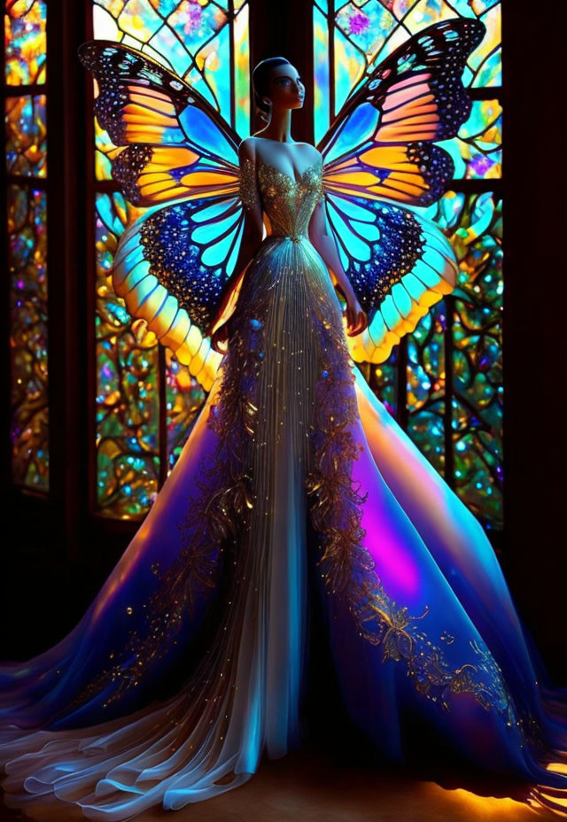 Woman in dress with butterfly wings in front of colorful stained-glass window