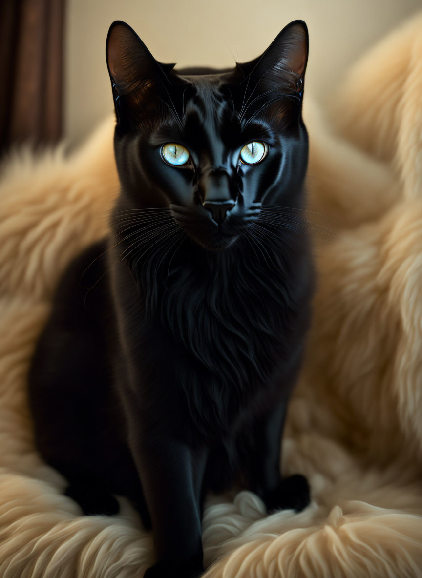 Black Cat with Blue Eyes on Cream Blanket