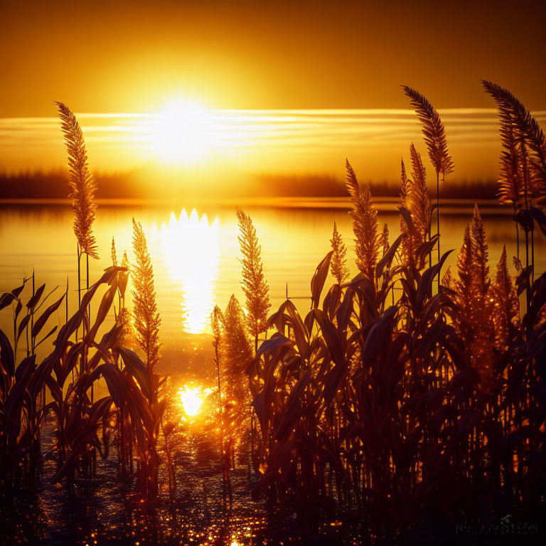 Tranquil lake sunrise with golden hues and reed silhouettes