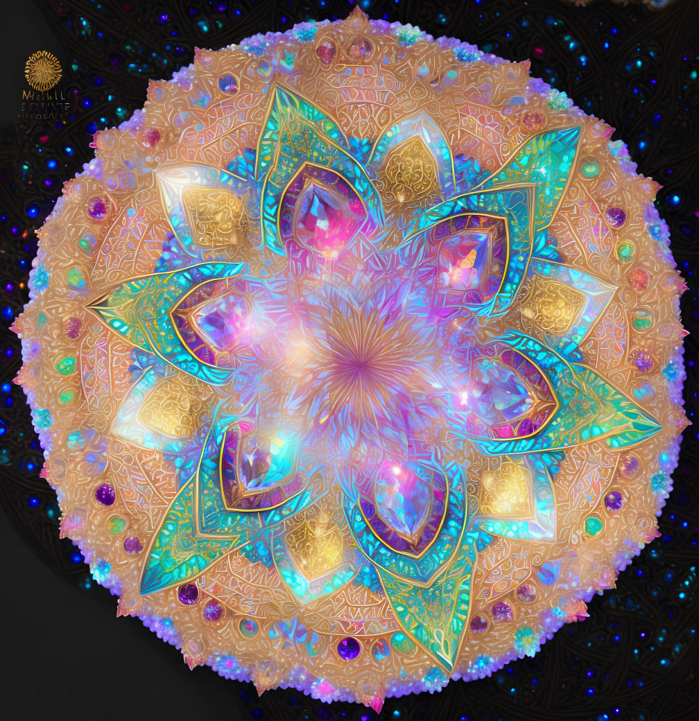 Intricate Golden Patterns and Neon Lights on Digital Mandala