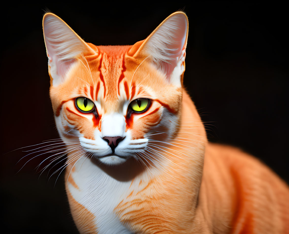 Orange Tabby Cat with Green Eyes and White Whiskers on Dark Background