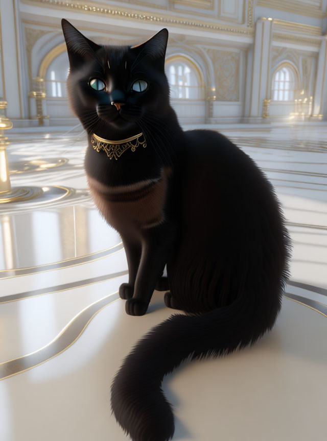 Black cat with blue eyes and gold necklace in luxurious room