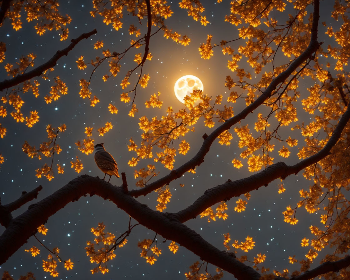 Bird perched on tree branch under full moon and starry sky