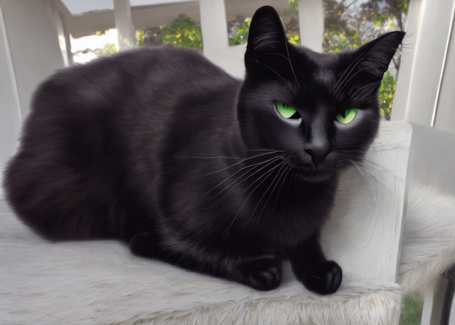 Black Cat with Green Eyes Lounging by Window Ledge