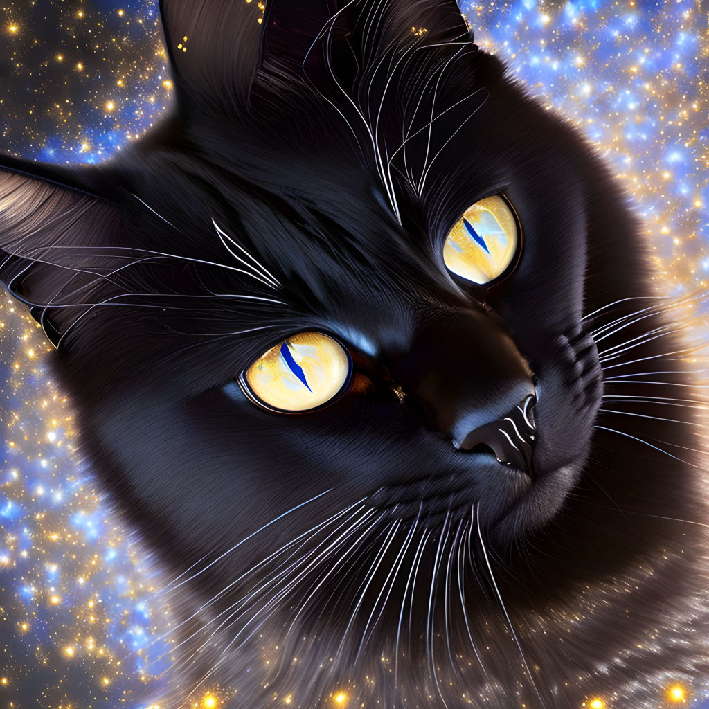 Digital artwork: Black cat with yellow eyes on cosmic background