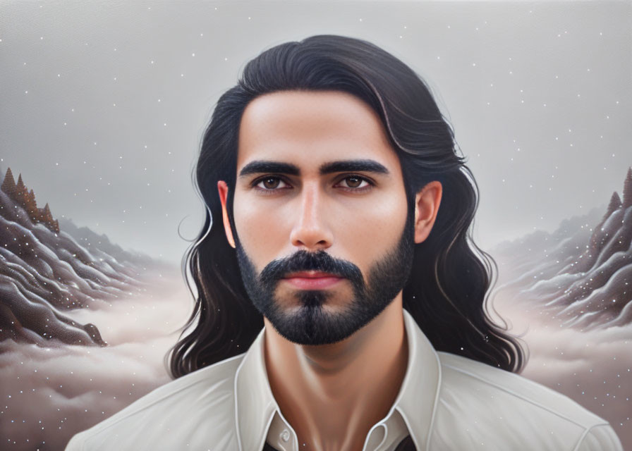 Man with Long Dark Hair and Beard in Surreal Mountain Landscape