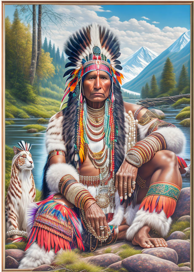 Native American chief in traditional attire by river with mountain backdrop and white wolf